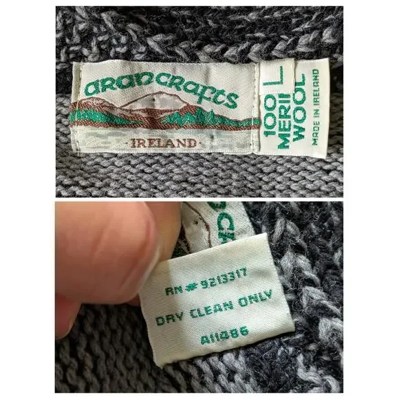 Aran Crafts Hoddie Sweater Full Zip Womens L Black-Gray Merino Wool Shamrock - Picture 4 of 9